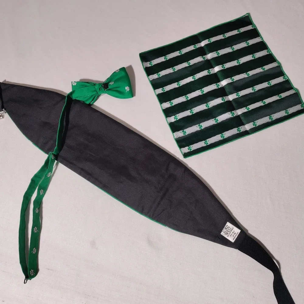 Lord West Mens Green Shamrock Cummerbund Bow Tie Pocket Square Set Made in USA